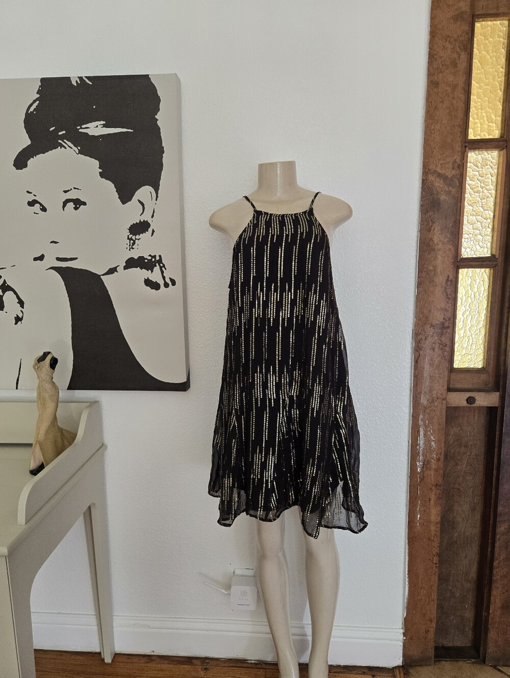 NWT En Creme Black Gold Metallic-Strip Swing Halter Dress Size Large